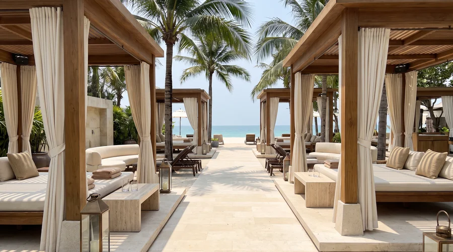 Quiet beach-club cabanas overlooking the ocean